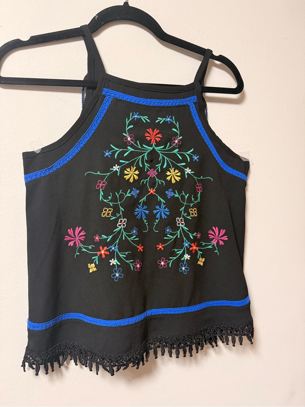 Xhilaration Black Embroidered Halter Camisole with Multicolor Floral Stitching